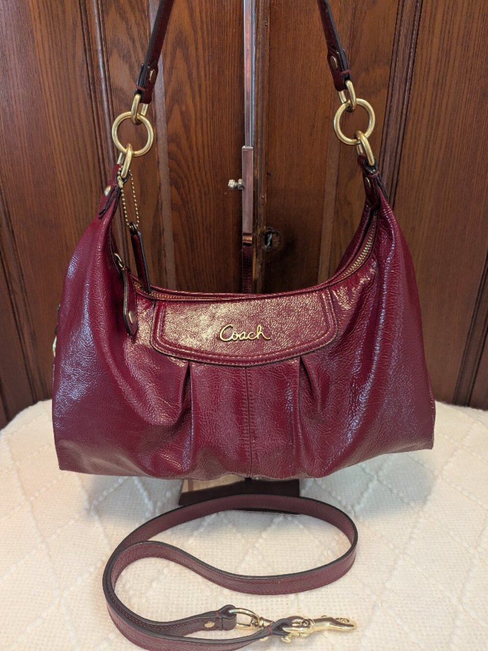 Coach Ashley Burgundy Patent Leather Hobo Shoulder Bag